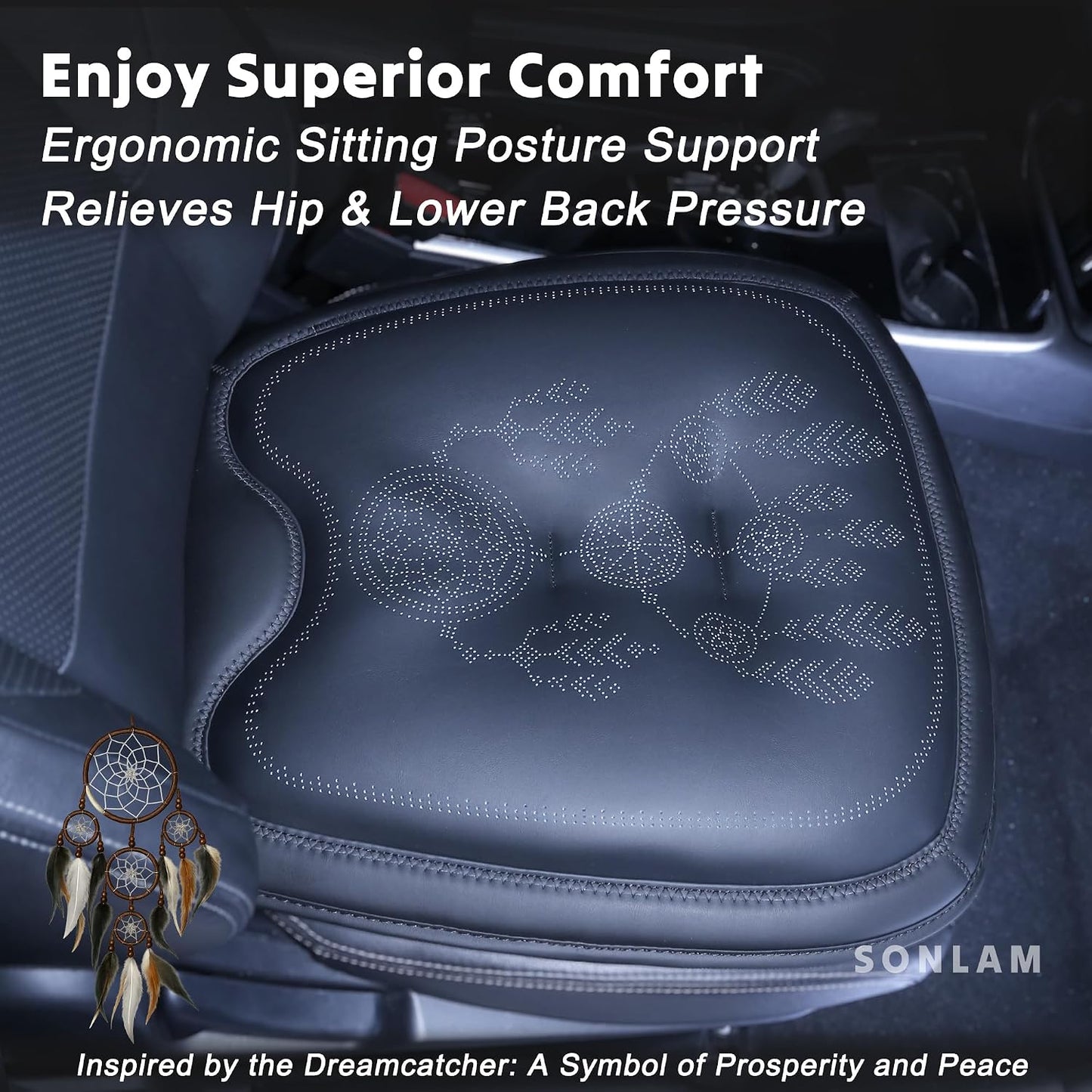 Comfort Dreamcatcher Car Seat Cushion Non-Slip - Relaxing, Optimal Support & Posture for Long Drive (Front Seats (All Black))