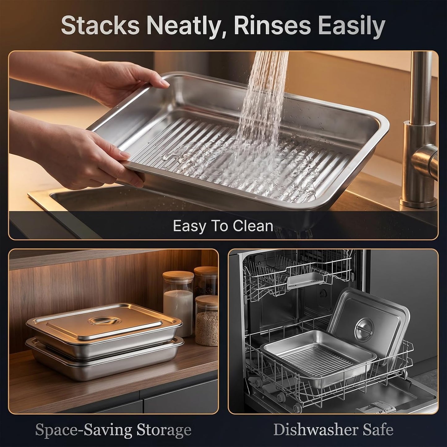 Grilling Prep and Serve Tray Set with Lids, Set of 5 Food Prep System, Includes Stackable Stainless Steel BBQ Trays, Deep Marinating Container and Raised Racks for Marinating, Carrying & Serving