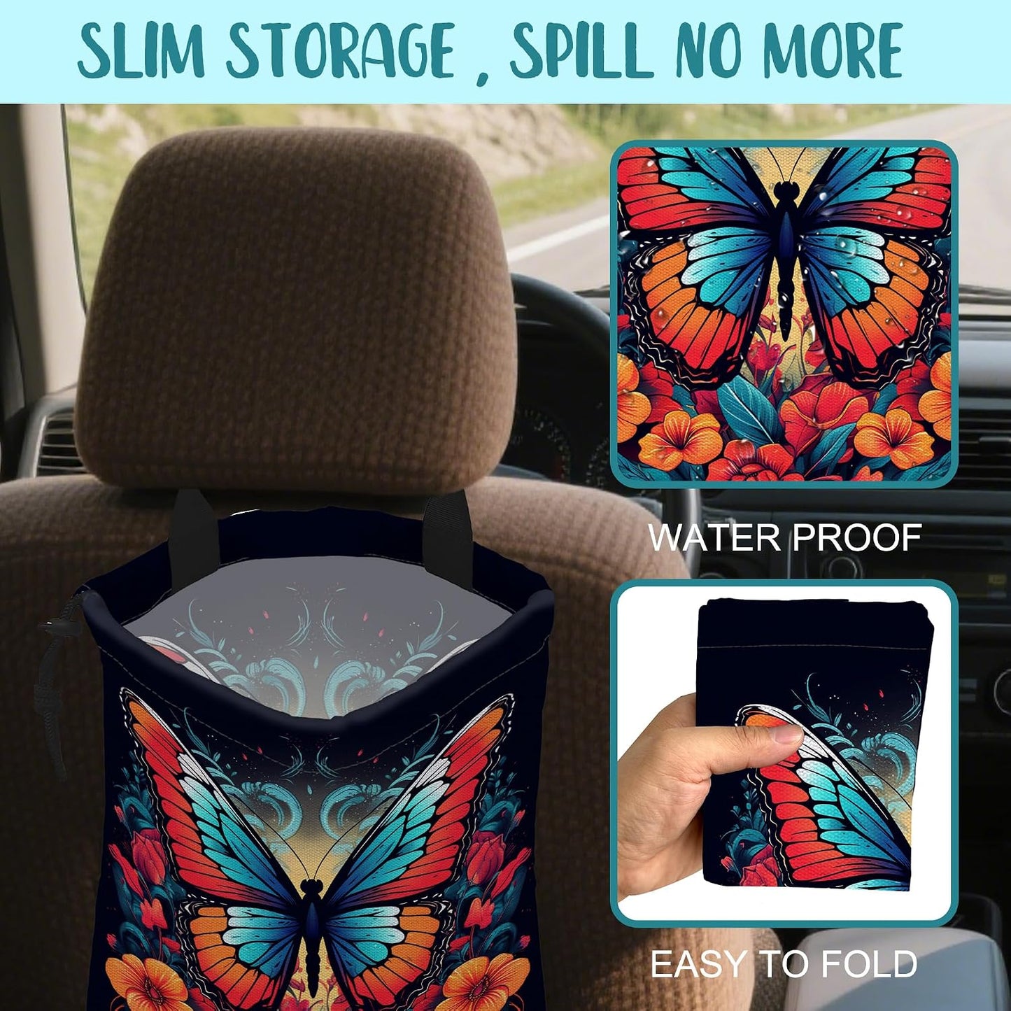 Car Garbage Bag Colorful Butterfly with Flowers Hanging Canvas Car Trash Bag Waterproof Drawstring Car Back Seat Organizer for Car Back Front Seat Console with Adjustable Buckle