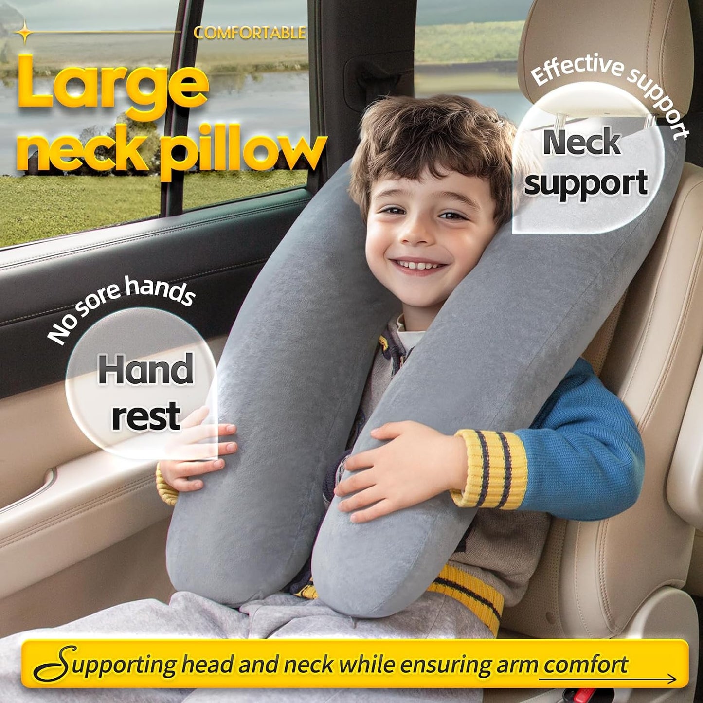 MAGIC ELEPHANT Travel Pillow for Car Sleeping, Car Pillow for Kids Travel and Adults, Neck Pillow and Road Trip Essentials for Kids, Light Grey