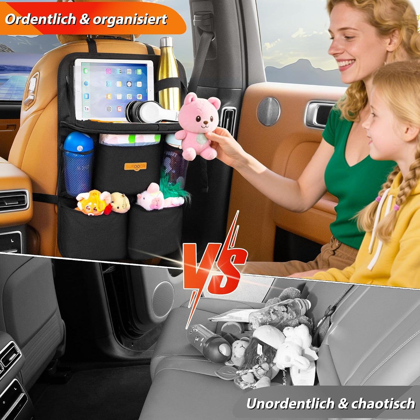 SURDOCA Backseat Car Organizer with Foldable Tray for Kids & Adults – NEW MODEL Seat Storage with Touchable Tablet Pocket, Roadtrip Essentials – Fits Most Vehicles