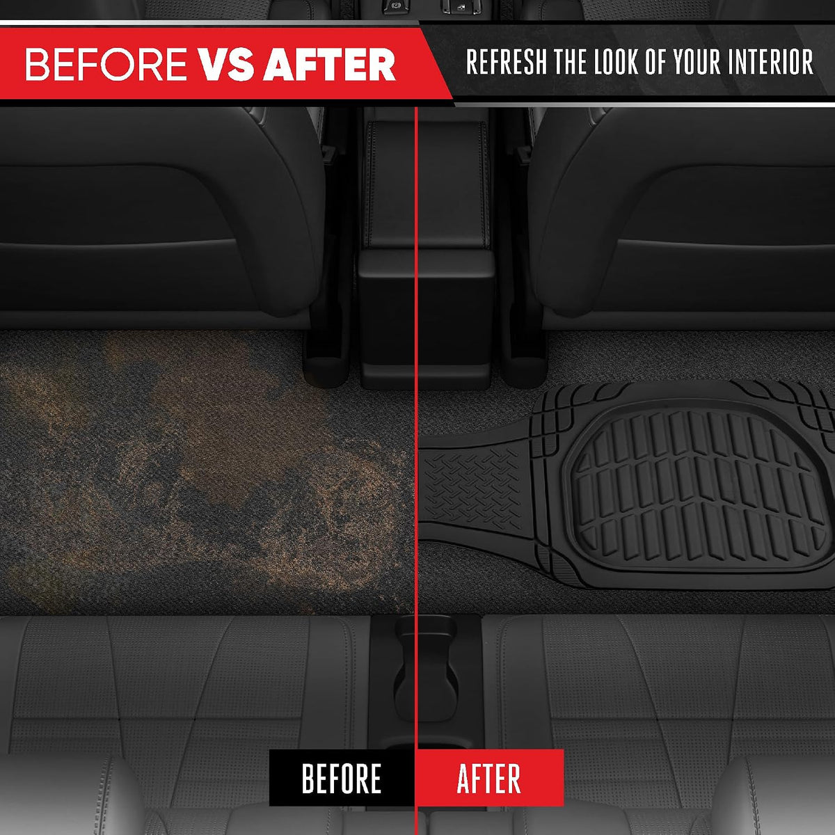 Motor Trend Premium FlexTough Deep Dish Rear Rubber Floor Mat Liners, Heavy Duty All-Weather Universal Fit Trim-To-Fit Floor Mats for Cars Sedans Trucks SUVs, Durable &amp; Easy To Clean Car Mats - Black