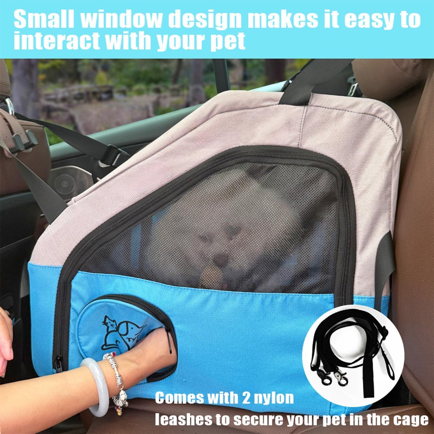 Small Portable Pet Crate for Car Travel, 19"x19"x17" Foldable Dog & Cat Carrier with Secures Seatbelt & Headrest Strap, Oxford Soft-Sided Pet Kennel with Bed for Pets