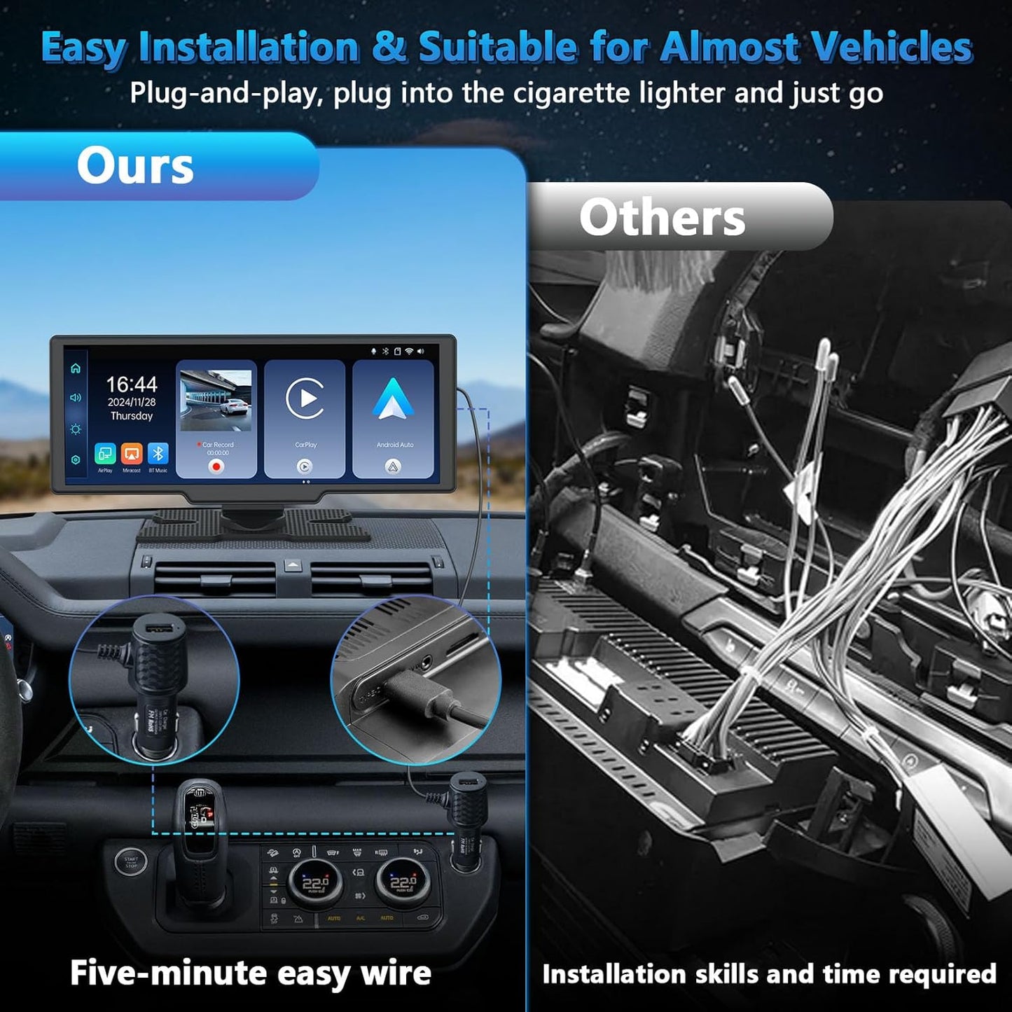 Portable Wireless Carplay Screen with Dashcam - Lehwey 10.26 Inch Car Play Tablet with 4K Front Dash Cam & 1080P Rearview Backup Camera, Bluetooth 5.0, FM, Voice Assistant, with 64GB TF Card