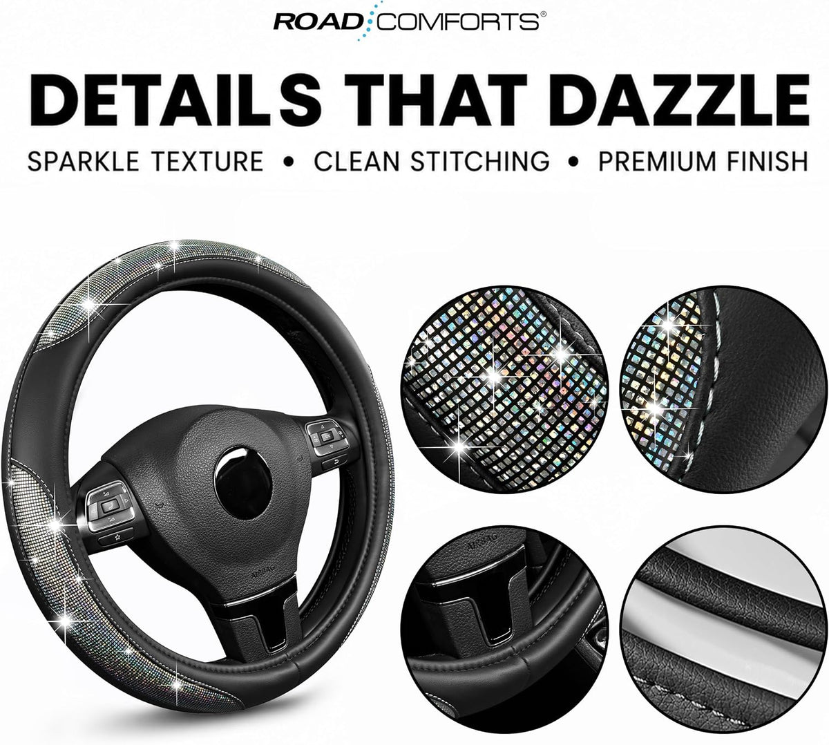 Road Comforts Pixel Glitter Steering Wheel Cover, 14.5–15 Inch Leather Steering Wheels Snug Fit, Anti-Slip Leather Grip, Elegant Sparkle Design, Universal Fit - Black
