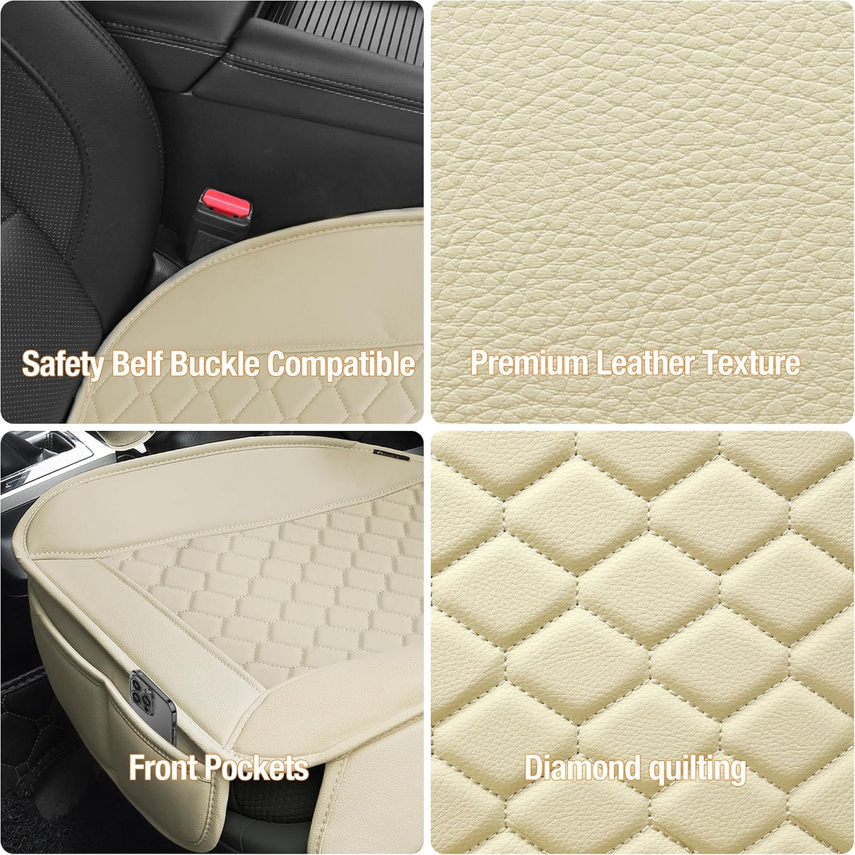 Elantrip 2 Pcs Faux Leather Beige Car Seat Covers with Padded Comfort and Storage Pockets Waterproof, Anti-Slip, Full Wrap Protection - Premium Interior Protectors for Cars, Trucks, SUVs