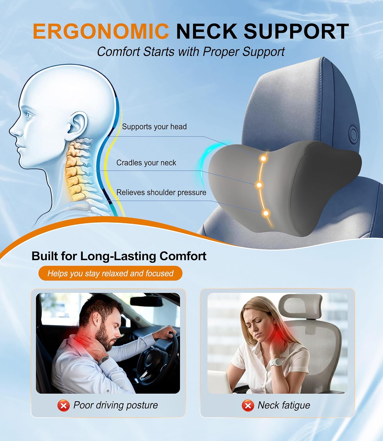 Allaboutsla 2-Pack Car Neck Pillow, Car Headrest Pillow for Neck Support | Memory Foam Car Neck Pillow for Driving with Neck Support, Adjustable Strap, Head Rest Pillow for Long Drives, Trucks, Gray