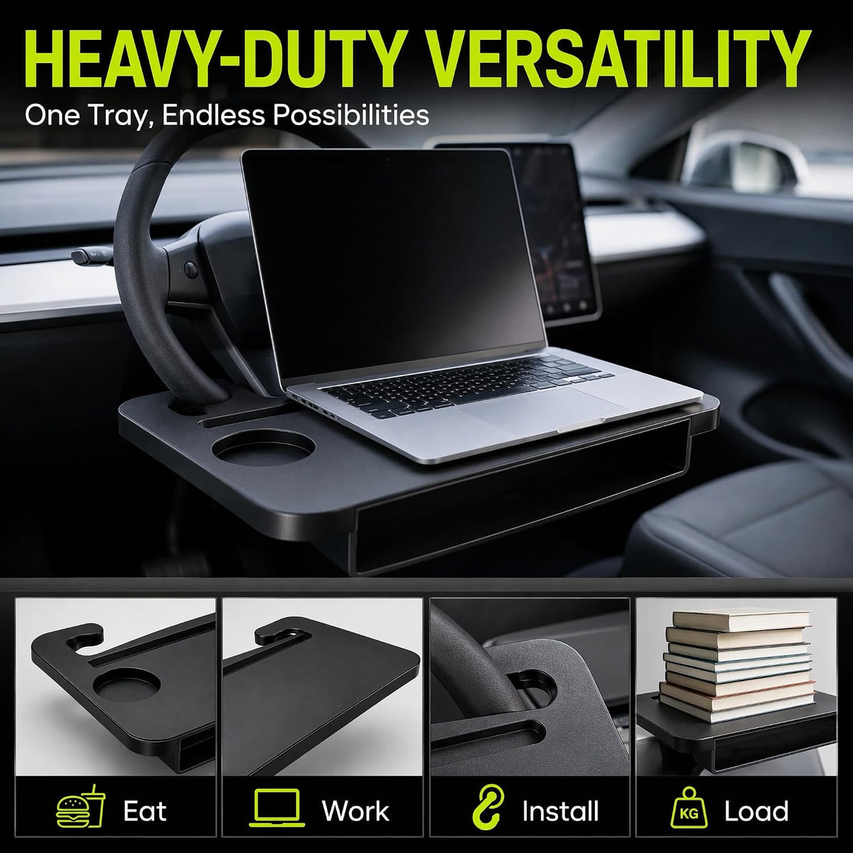 Car Desk with Laptop Stand, Steering Wheel Tray for Work and Eating, Portable Car Table, Food Tray and Writing Surface, Travel Accessory for Drivers