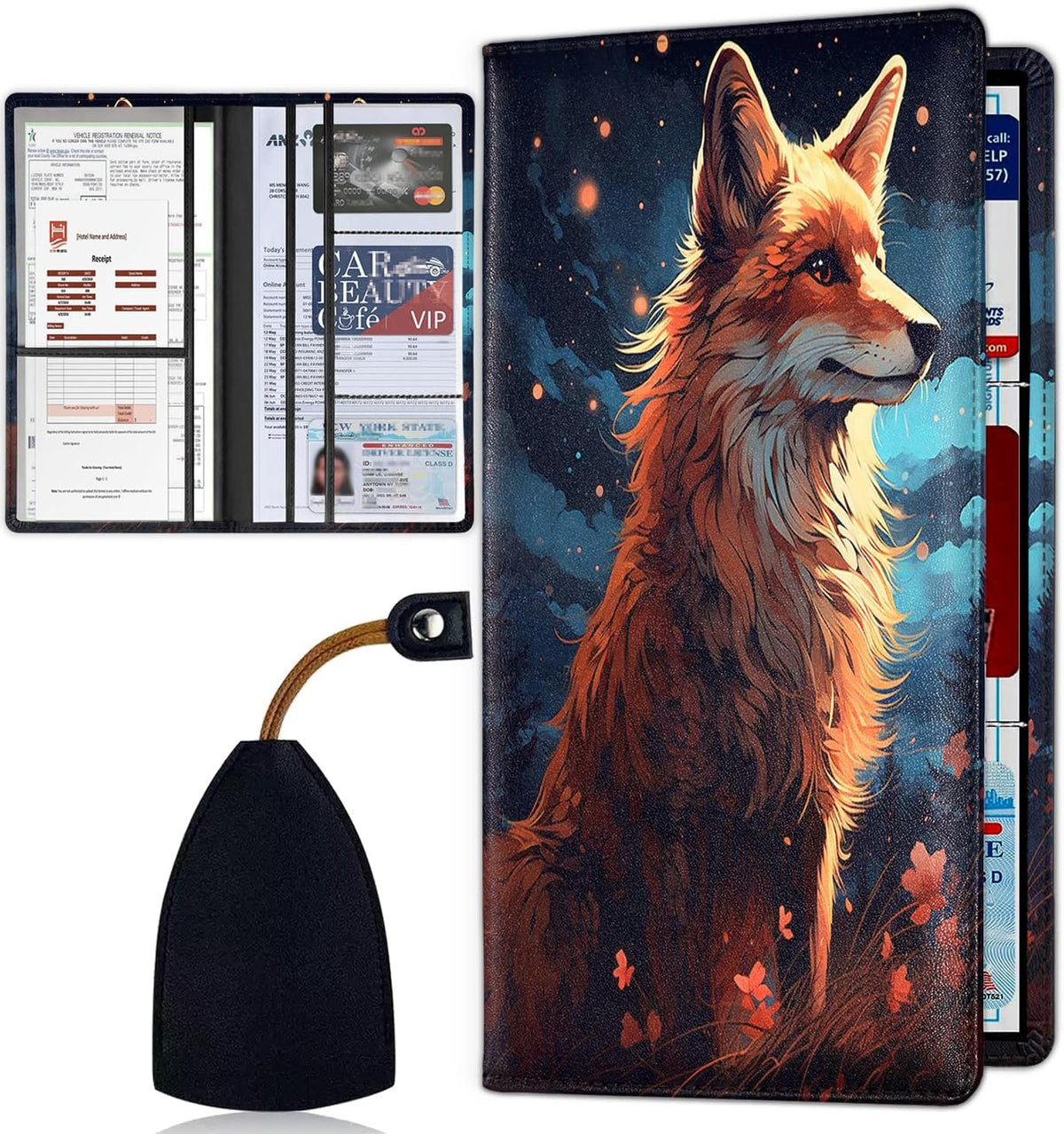 Car Document Holder with Magnetic Shut, Car Registration & Insurance Card Holder, Waterproof PU Leather Glove Box Organizer Vehicle Accessories Driver License for Women/Men, Cute Pink Bear Art