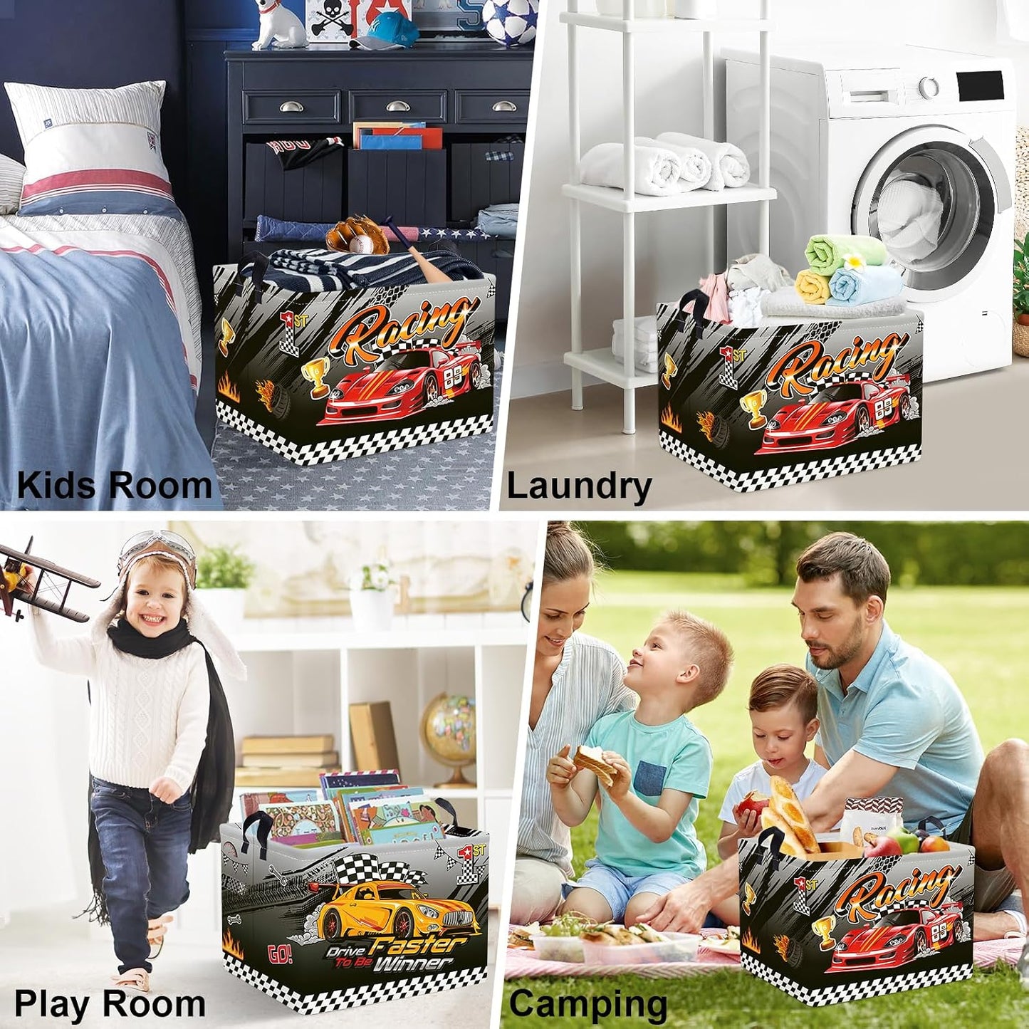 Clastyle Sport 3D Racing Car Boy Room Basket Racing Flag Monster Truck Toy Book Shelf Basket Large Rectangle Collapsible Dirty Clothes Storage Bin, Black, 40 * 30 * 30 cm