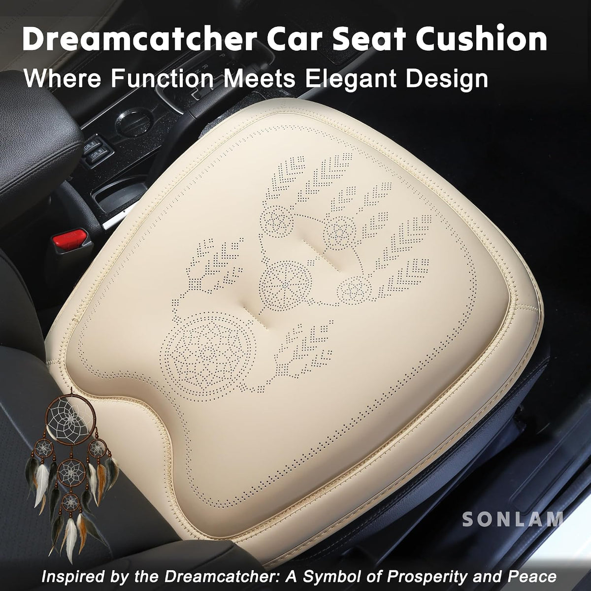 Comfort Dreamcatcher Car Seat Cushion Non-Slip - Relaxing, Optimal Support & Posture for Long Drive (Front Seats (Beige))