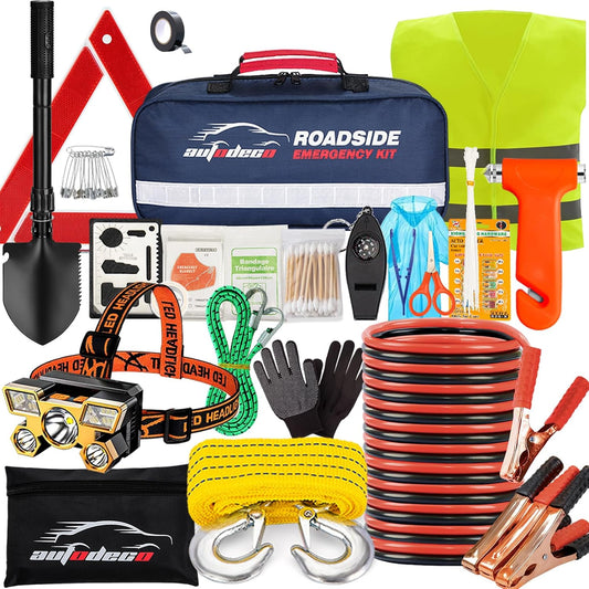 Car Roadside Emergency Kit, Portable Roadside Emergency Kits for Vehicles Car Safety Kit with Jumper Cables, Safety Hammer, Folding Shovel