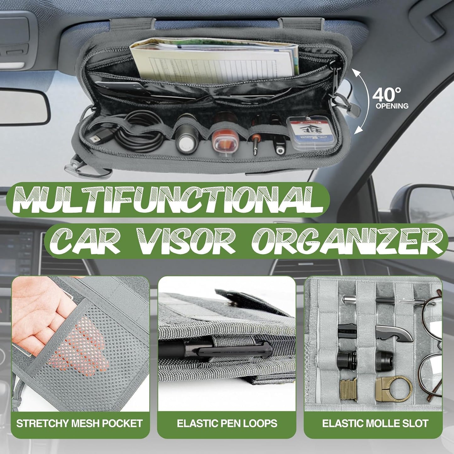 Car Sun Visor Organizer, Tactical Molle Panel Visor Storage Organizer with Sunglasses Holder for Police Gear & Overland Accessories, Universal Fit for Trucks, SUVs, Jeeps & Patrols, Grey