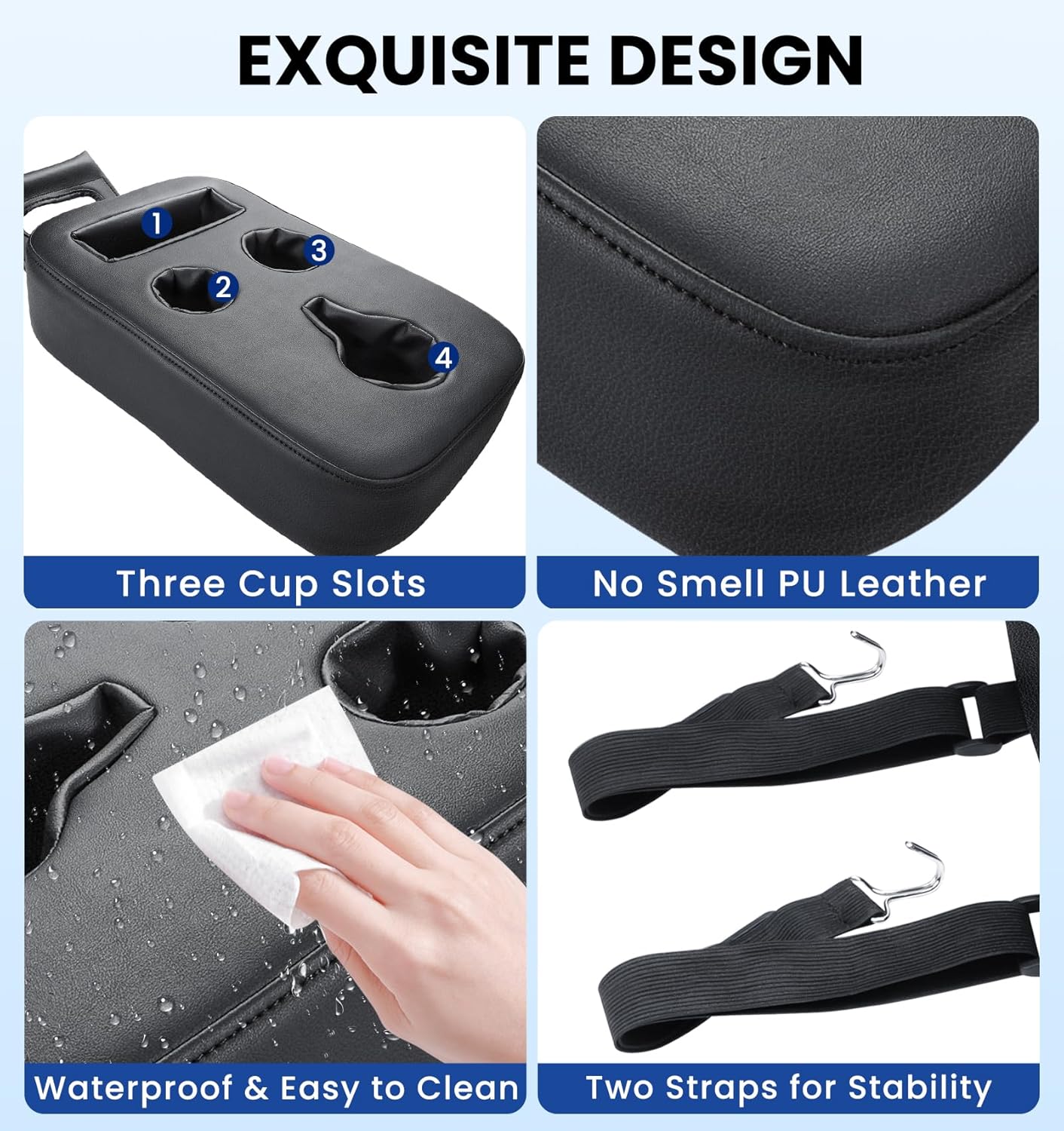 Upgraded Car Cup Holder with Dual Secure Straps, Back Seat Cup Holder for Car, PU Leather Truck Cup Holder, Boat Tray Organizer for Trucks, Minivans, SUVs, RVs, Holds Coffee, Snacks, Cell Phone