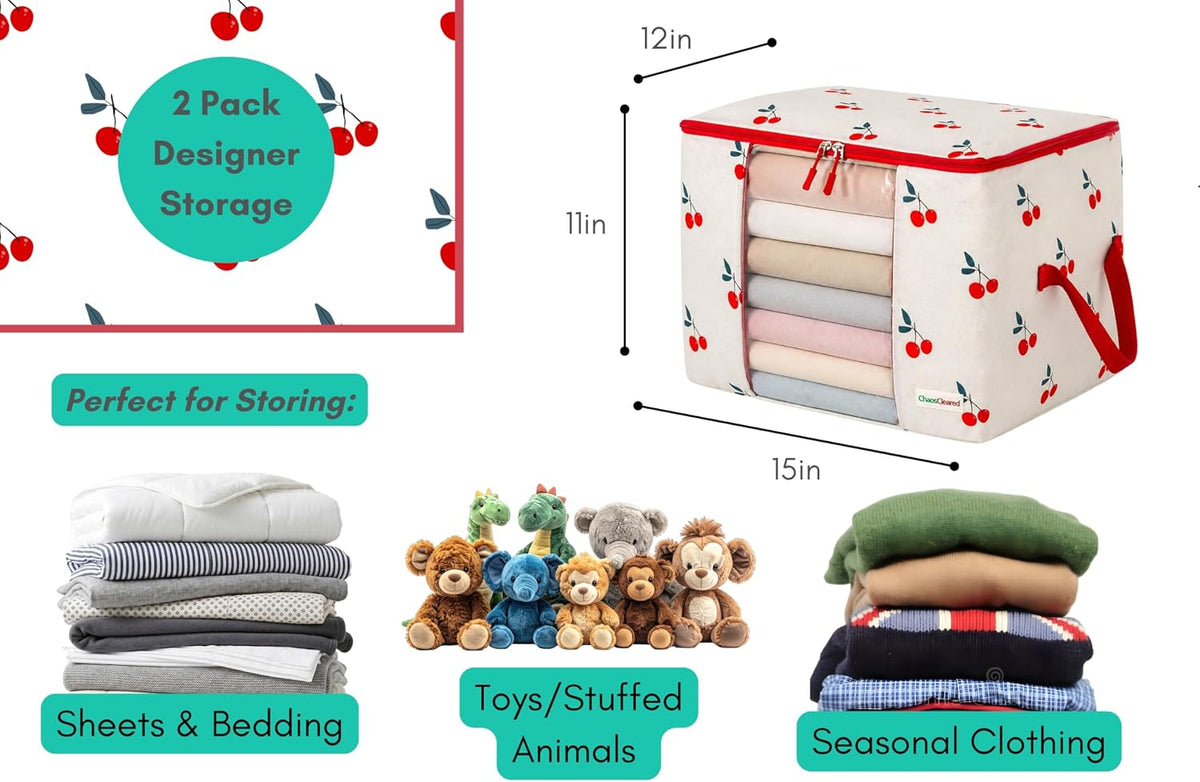 Chaos Cleared Kids Storage Bags – 100% Cotton Canvas Toy & Clothes Organizer with Cute Design – Storage Bin for Stuffed Animals, Baby Items & Clothes with Zipper & Handles (Cherry Print)