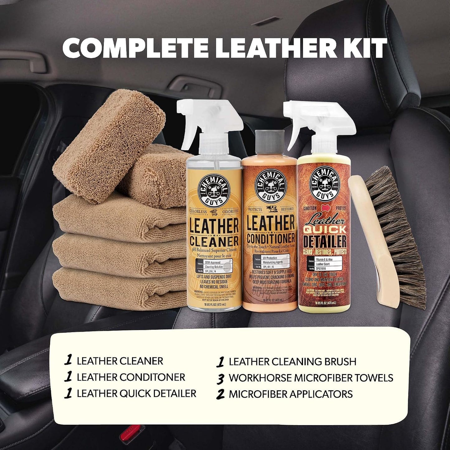Chemical Guys, 9-Piece Leather Cleaner &amp; Conditioner Kit for Car Interiors | Cleans then conditions seats, furniture, jackets and boots, brushes and towels included for many leather types