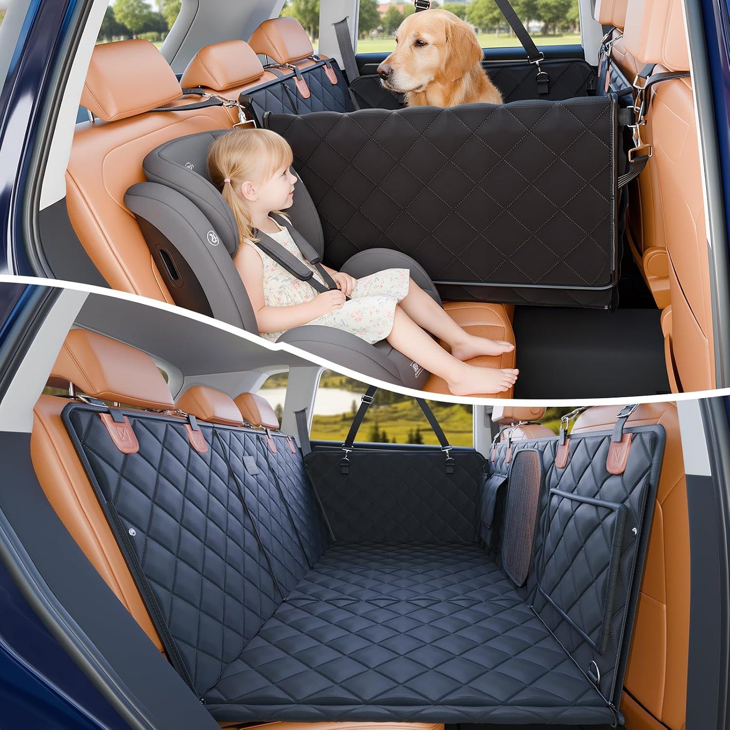 Convertible Back Seat Extender for Dogs, Foldable 400lbs Hard Bottom Dog Car Seat Cover for Back Seat, Waterproof Dog Hammock Bed Backseat Cover for Dogs in Car SUV Truck Pet Seat Cover Black M