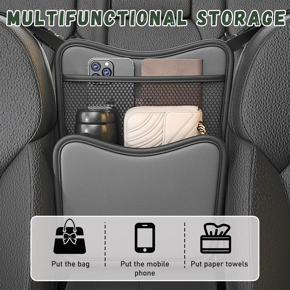 Ohleats Car Organizer Storage Between Seats, Nappa Leather Auto Handbag Holder for Document Phone Storage, Large Capacity Automotive Console Pocket Purse, Car Accessories (Gray)
