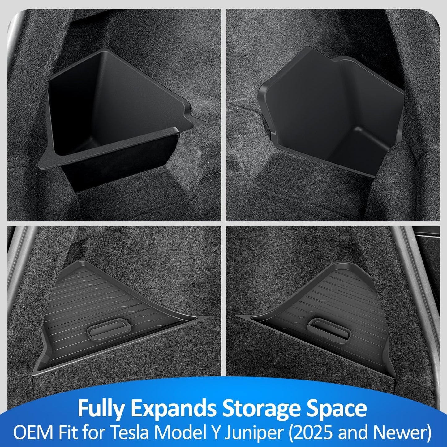 GEEDAR Tesla Model Y Juniper Trunk Organizer Set, 2 Trunk Storage Bins with TPE Lid + 2 Rear Trunk Organizer Hooks, Rear Trunk Side Storage Box for Model Y Juniper 2025 2026 Interior Accessories