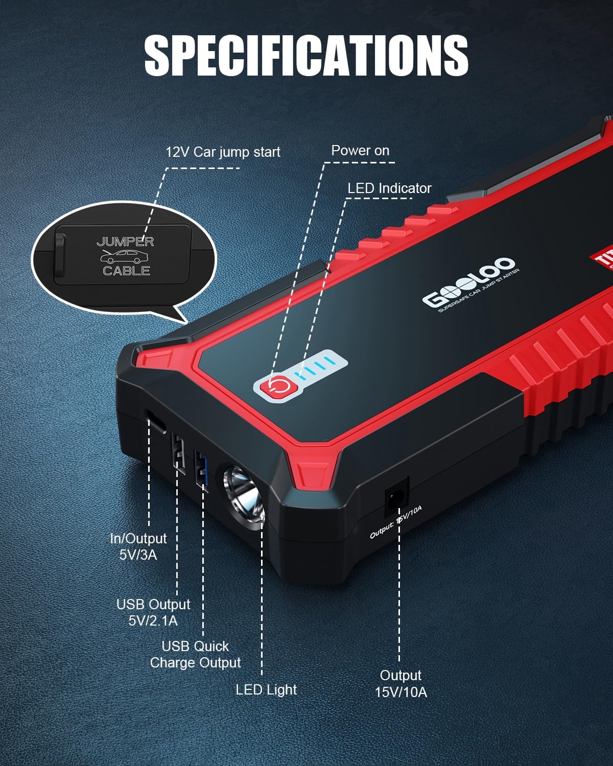 GOOLOO GP3000 Jump Starter, 3000A Peak Car Starter (9L Gas or 7L Diesel)