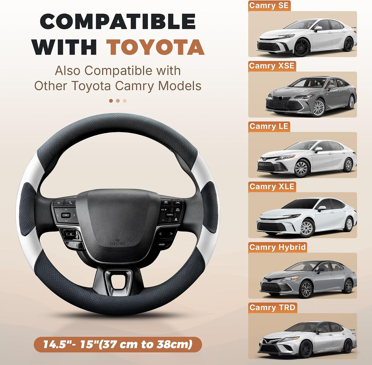 West Llama Customized Auto Car Steering Wheel Cover for Toyota Camry 2006-2025 2026 SE XSE Hybrid LE XLE 2006-2026, Microfiber Leather, 14.5-15inch, Black + White