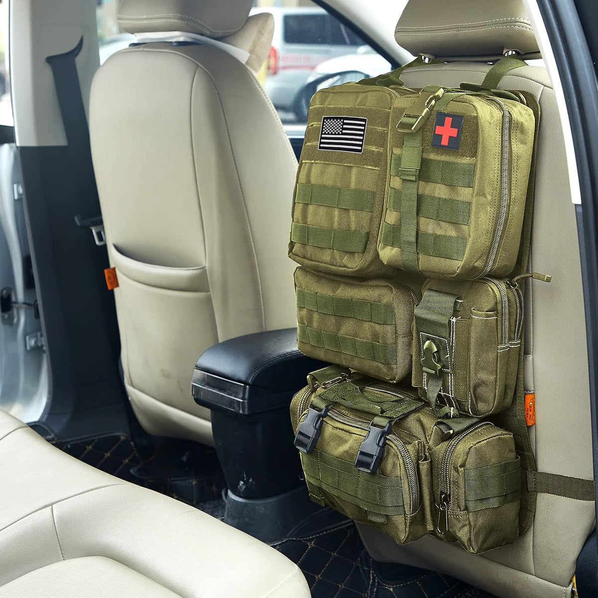 Universal Tactical Car Seat Back Organizer Bag Tactical Molle Vehicle Organizers Panel Vehicle Protector Organizers with 5 Detachable Pouches for Car Truck Ford Jeep (Army green)