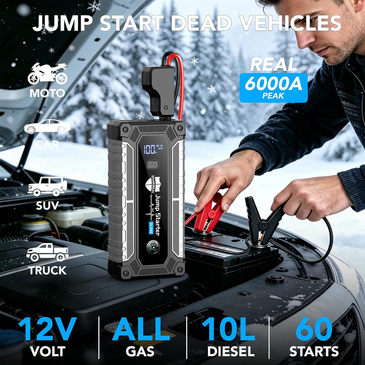 6000A Jump Starter, Portable Jump Starters 12V Car Battery Booster Jump Box Pack for All Gas & 10.0L Diesel Engines with 3 Modes Flashlight and Jumper Cables