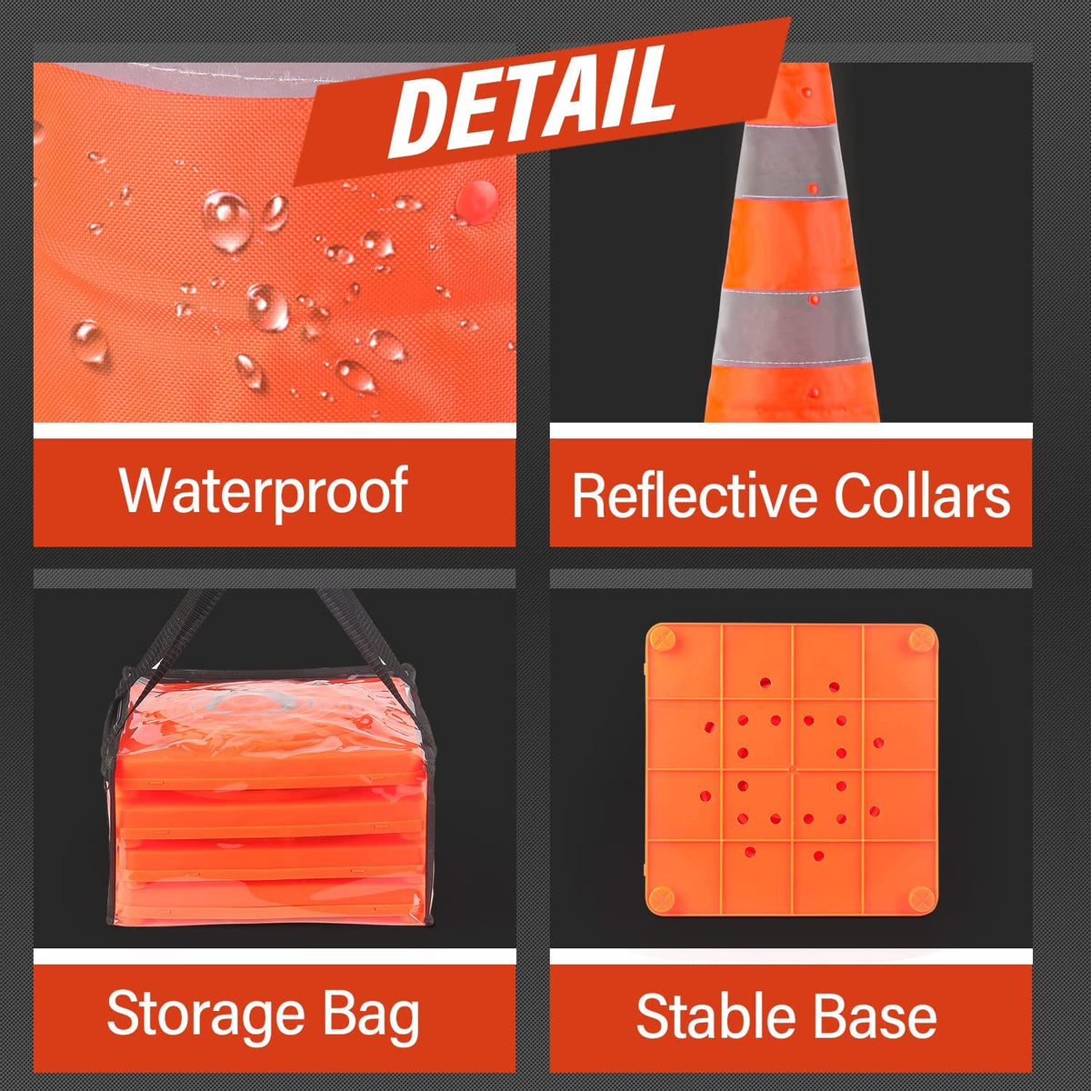 RoadHero 28 Inch 4 Pack Collapsible Traffic Safety Cones with Bag, Orange