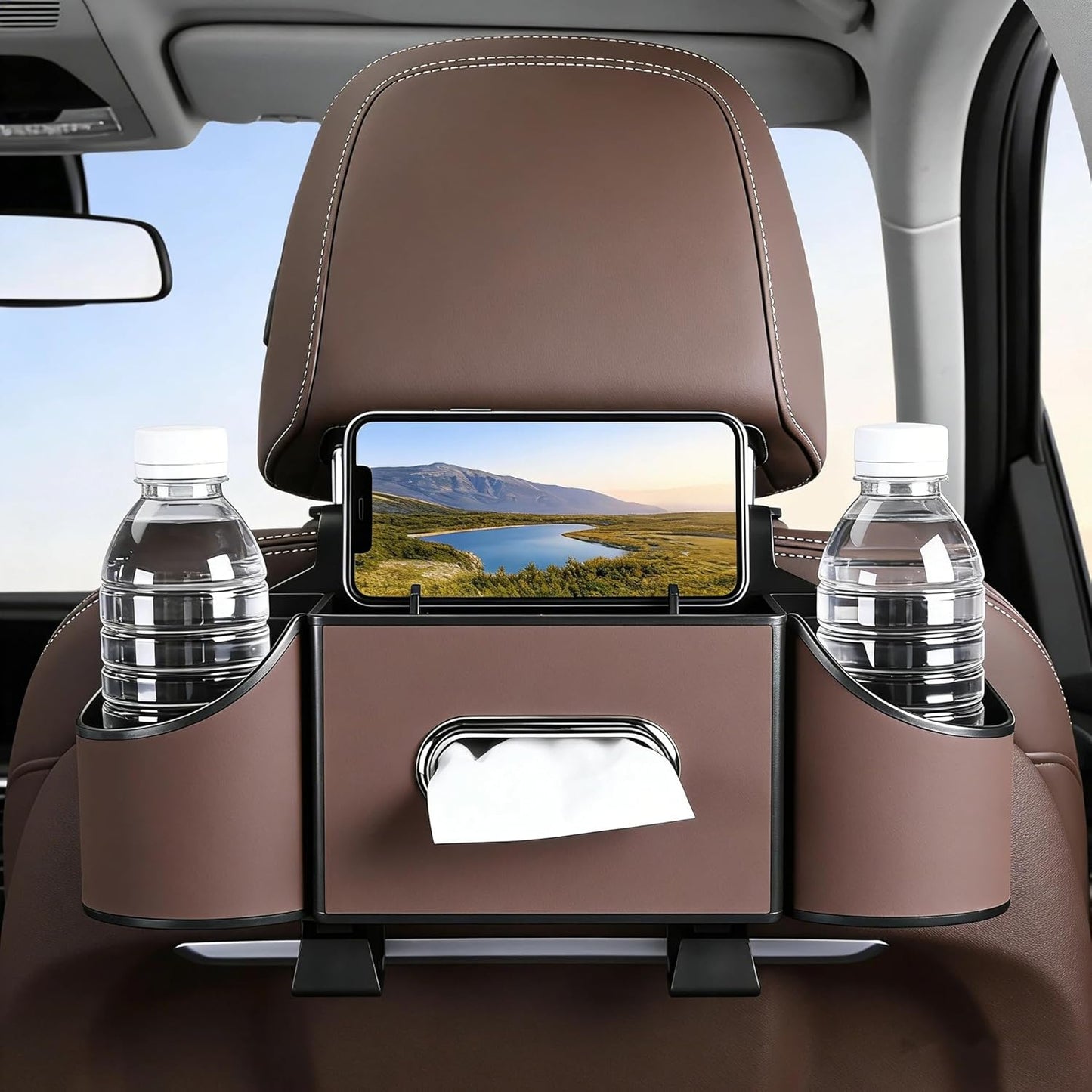 Back Seat Car Organizer, Nappa Leather Car Seat Organizer with Cup Holders and Tissue Box, Premium Hanging Storage Bag for SUV Truck Road Trip (Brown)
