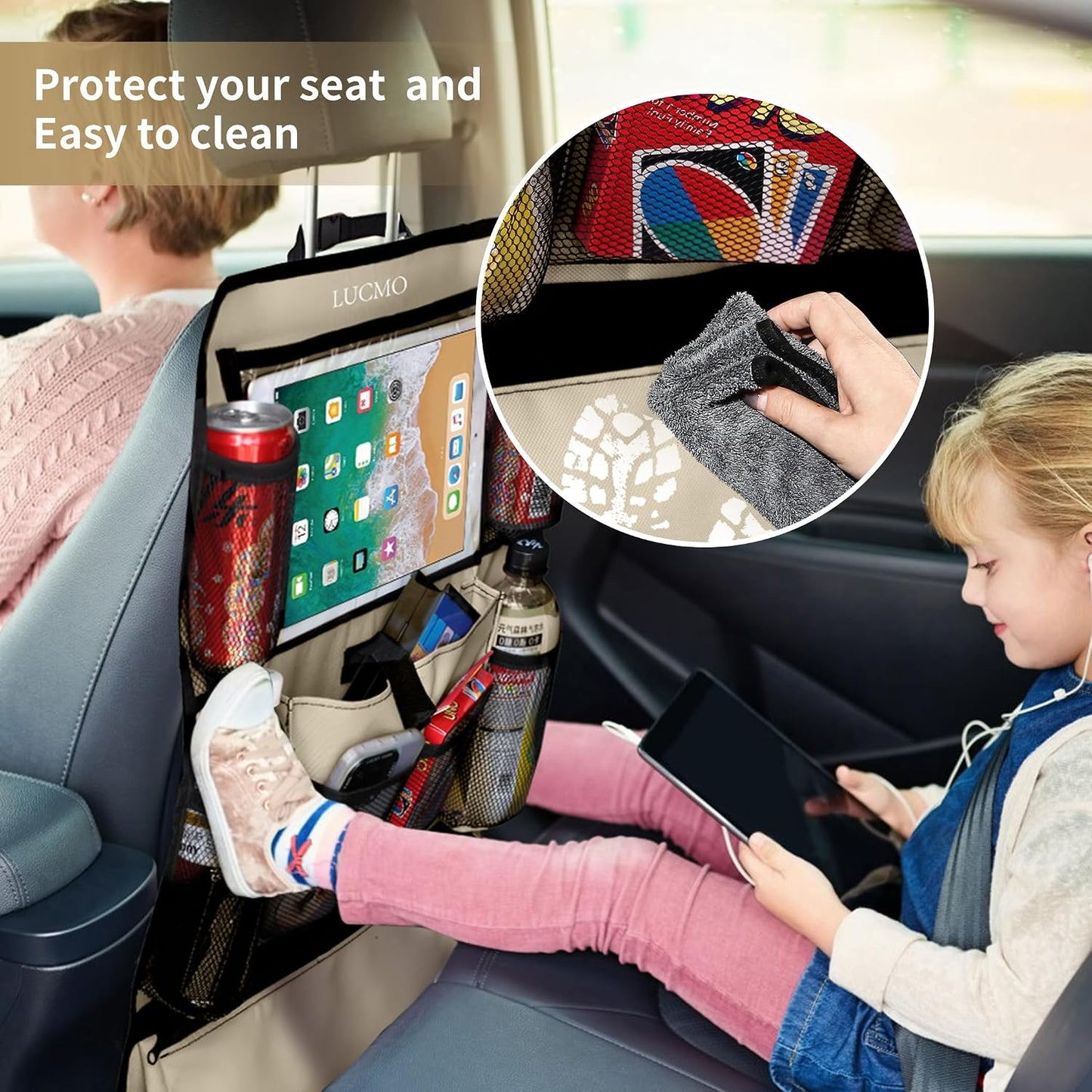 LUCMO Car Backseat Organizer with Touch Screen Tablet Holder, Beige | 2 Pcs,9 Storage Pockets,Clear Tablet Holder,Protectors Kick Mats,Travel Accessories,Seat Cover,Road Trip Essentials