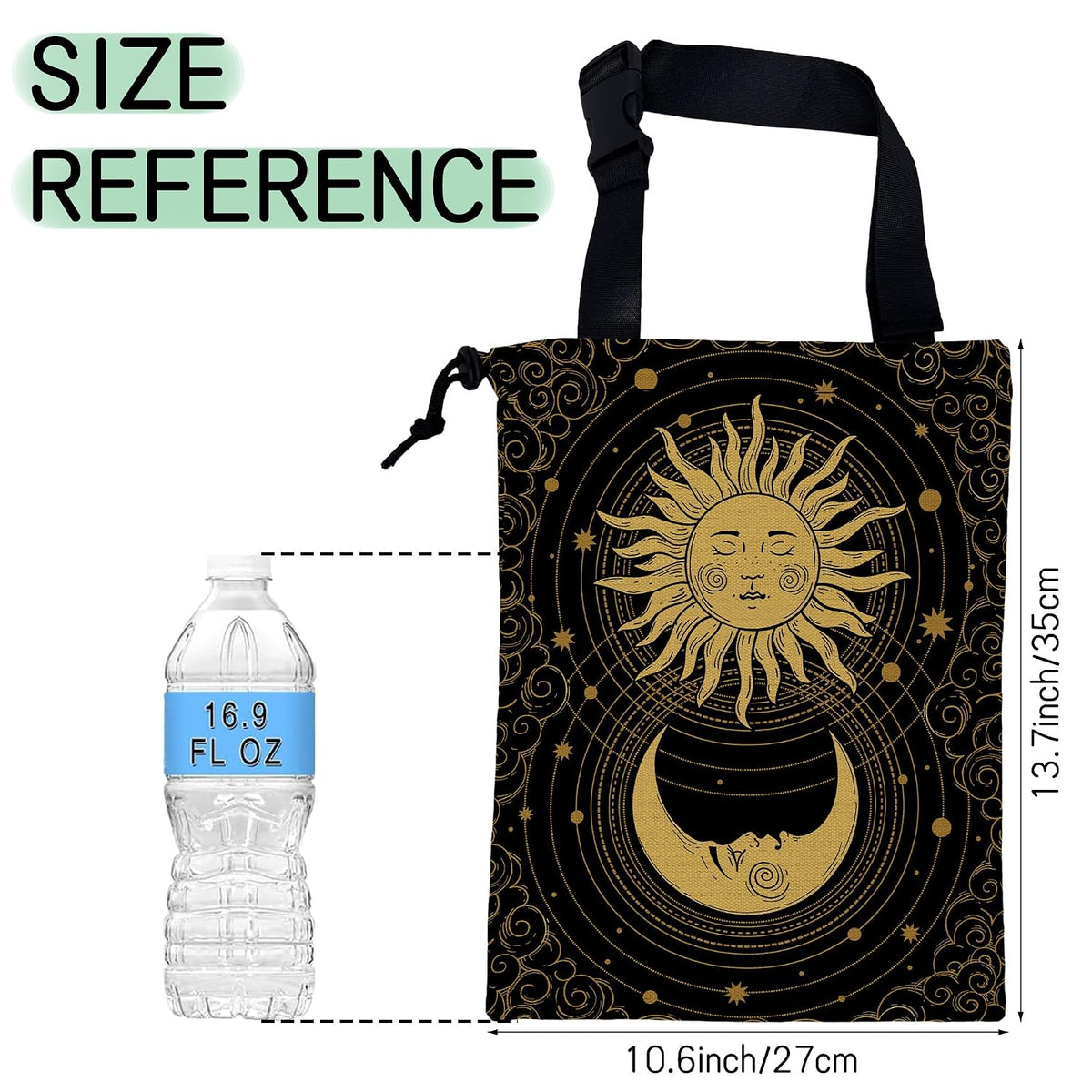 Mystical Sun Car Trash Bag,Golden Crescent Moon Hanging Drawstring Car Garbage Bag,Waterproof Canvas Car Back Seat Organizer with Adjustable Buckle,for Vehicles,SUVs,Camping,Road Trips