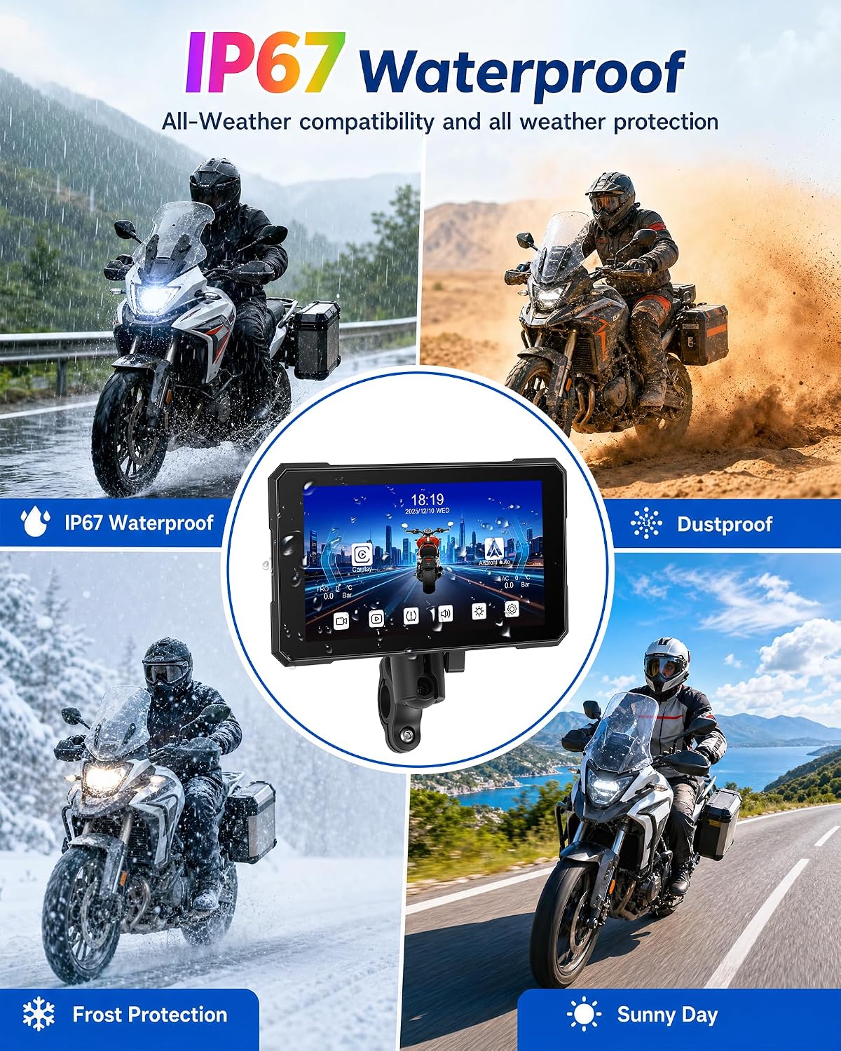 UNITOPSCI 5'' Motorcycle CarPlay Screen, Motorcycle with Dual 1080P Dash Cam, Supports Wireless A-pple CarPlay Android Auto Screen with GPS Navigation Moto Bluetooth IP67 Waterproof