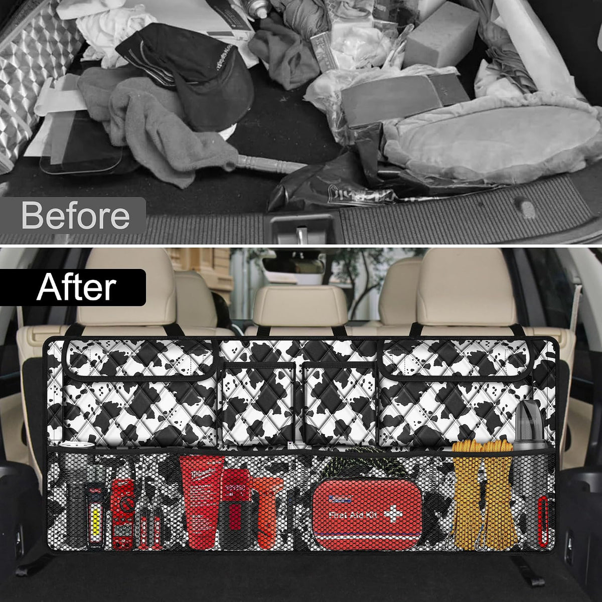 Femuar Car Trunk Organizer,Large Capacity Backseat Trunk Organizer(42"*18"),Collapsible Car Storage Bag with 8 Pocekt,SUV/MPV/Truck - Cow print