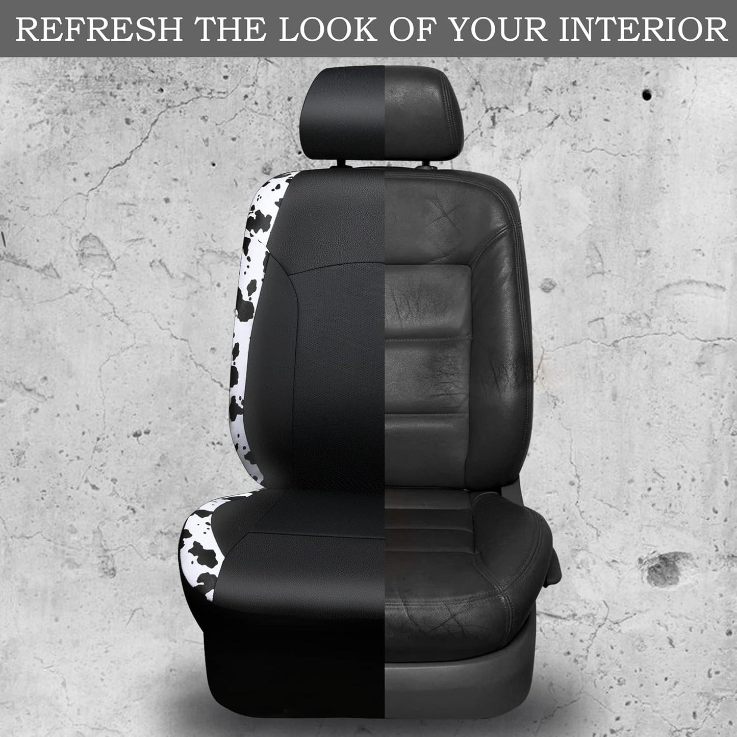 CAR-PASS Cow Print Car Accessories Sets Faux Leather Car Seat Covers & Cow Car Mats & Cow Steering Wheel Cover Seat Belt Pads Universal fit for SUV,Van,Saden,Truck Cute Automobile Interior Sets Women