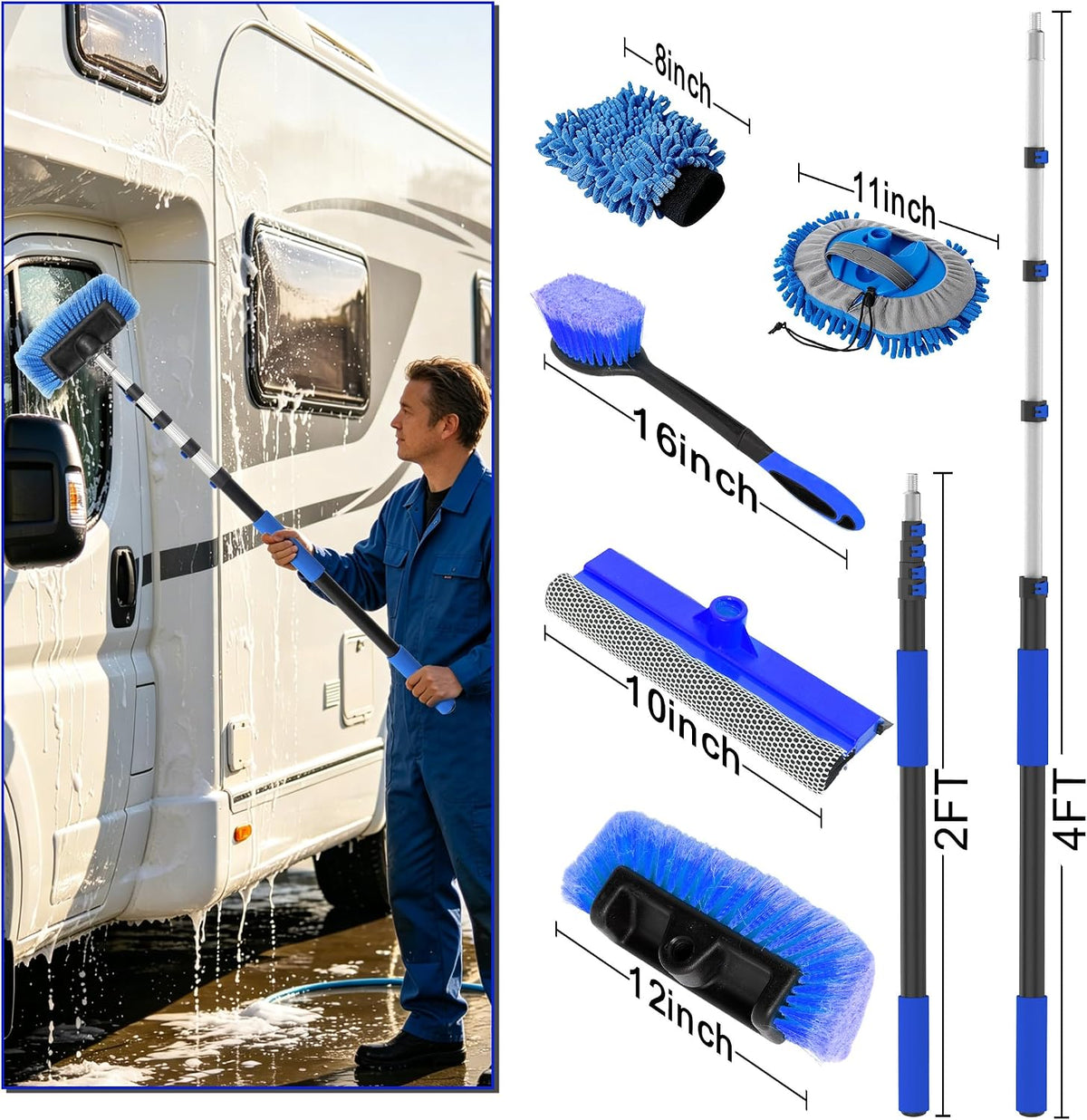AgiiMan Car Wash Brush with Long Handle, 1.4-4.4FT Telescoping Car Cleaning Kit, Soft Bristle RV Wash Brush and Car Wash Mop for Car Truck SUV RV Boat Solar Panel House Siding Exterior Washing