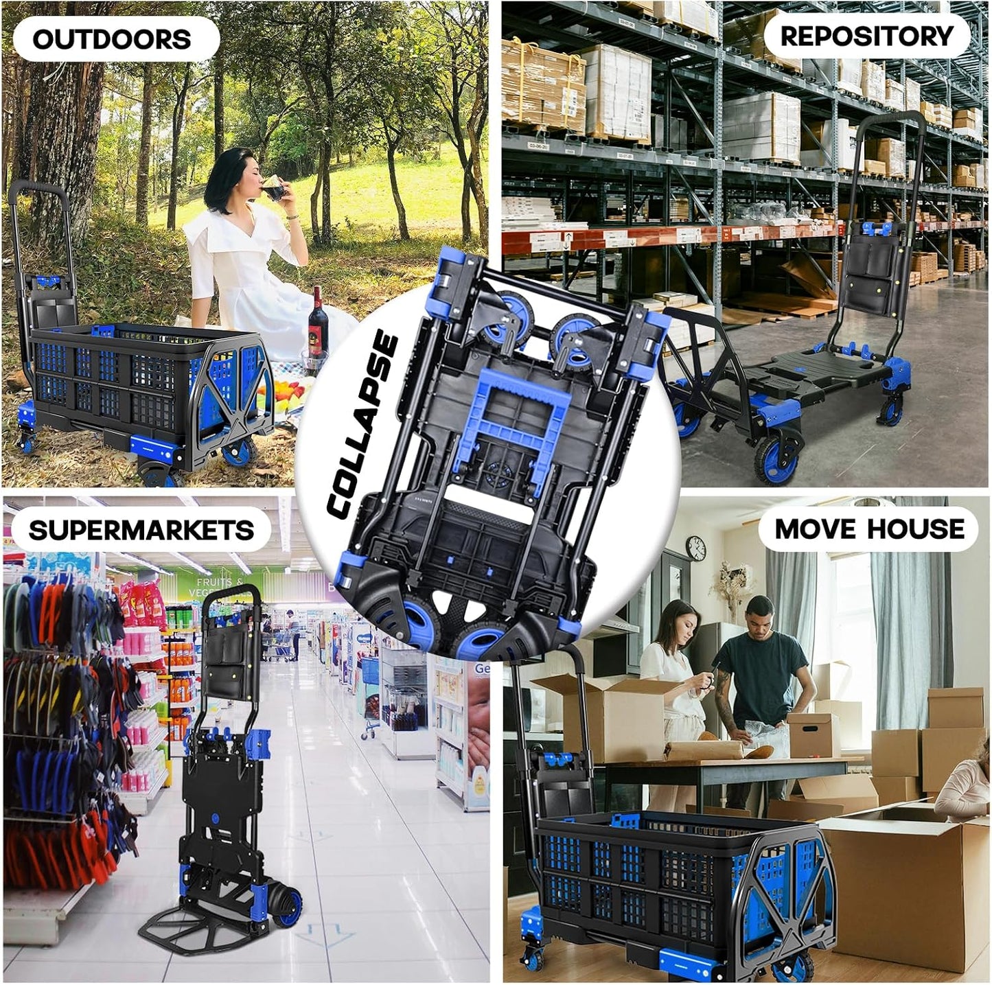 Folding Hand Truck, 2 in 1 Portable Heavy Duty Carrying Moving Dolly Cart with 4 Foldable Wheels and Retractable Handle Duty 330lbs (Blue with Folding Basket)