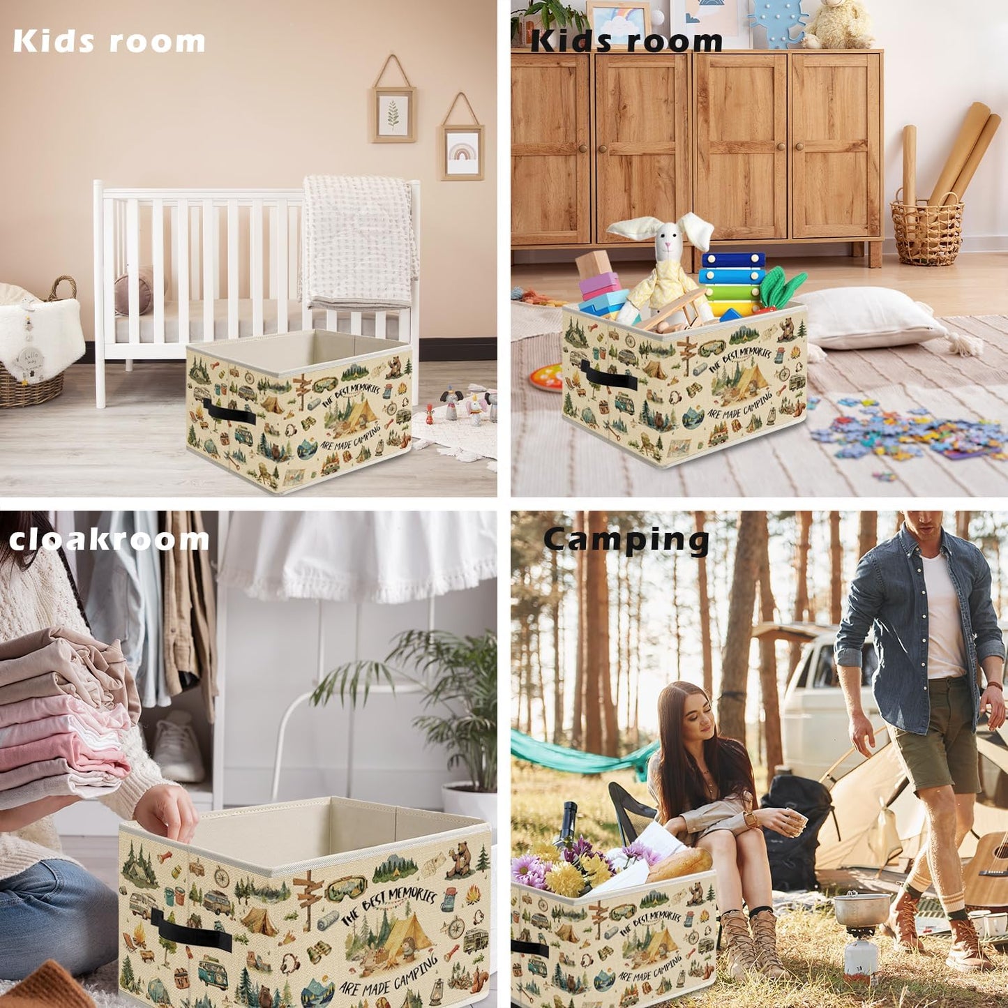 Camping Camper RV Storage Bin Box with Handles, Adventure Camping Campfire Foldable Organizer Basket Toybox for Teen Boys Room Classroom Playroom Bathroom Clothes Toys Books