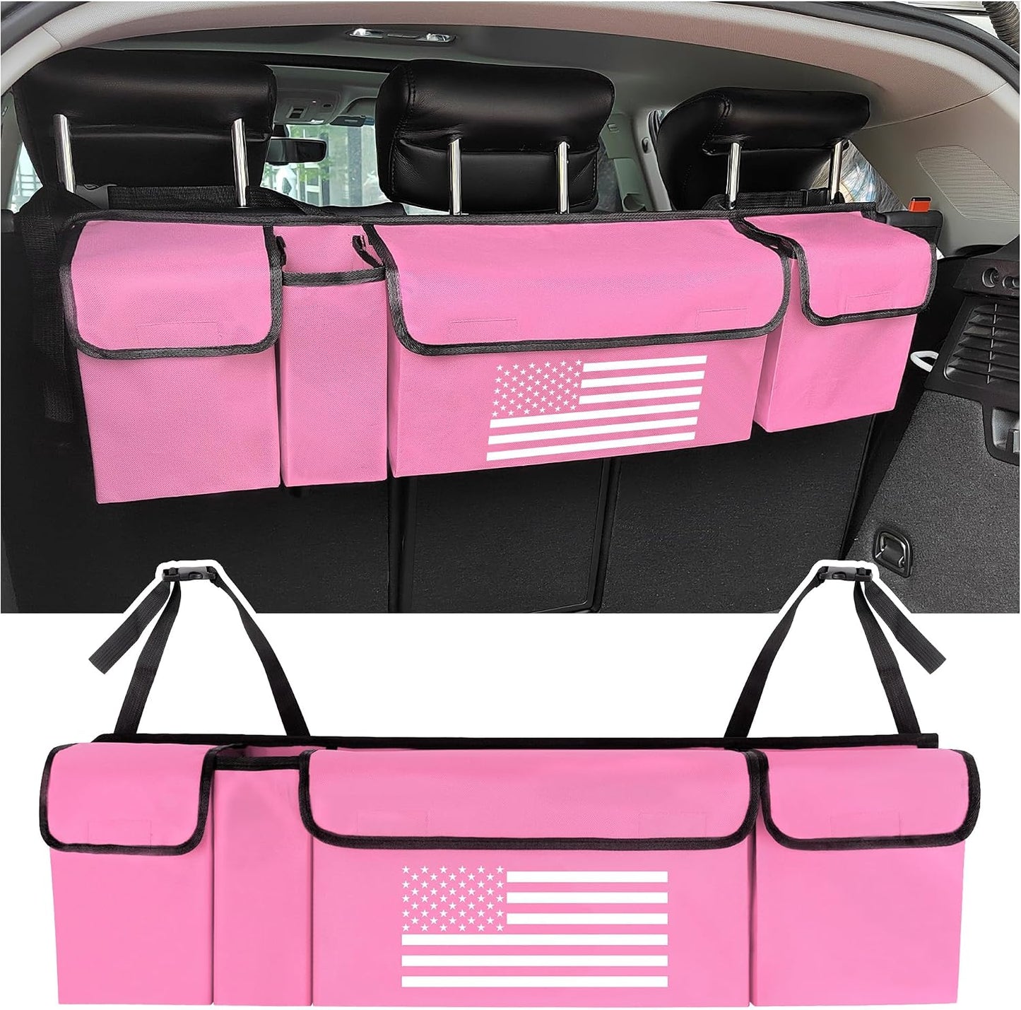 Turcee Car Trunk Organizer,Large Capacity Car Storage Organizer with US Flag Design,Hanging Foldable Car Organizers and Storage Car Interior Accessories (Pink)