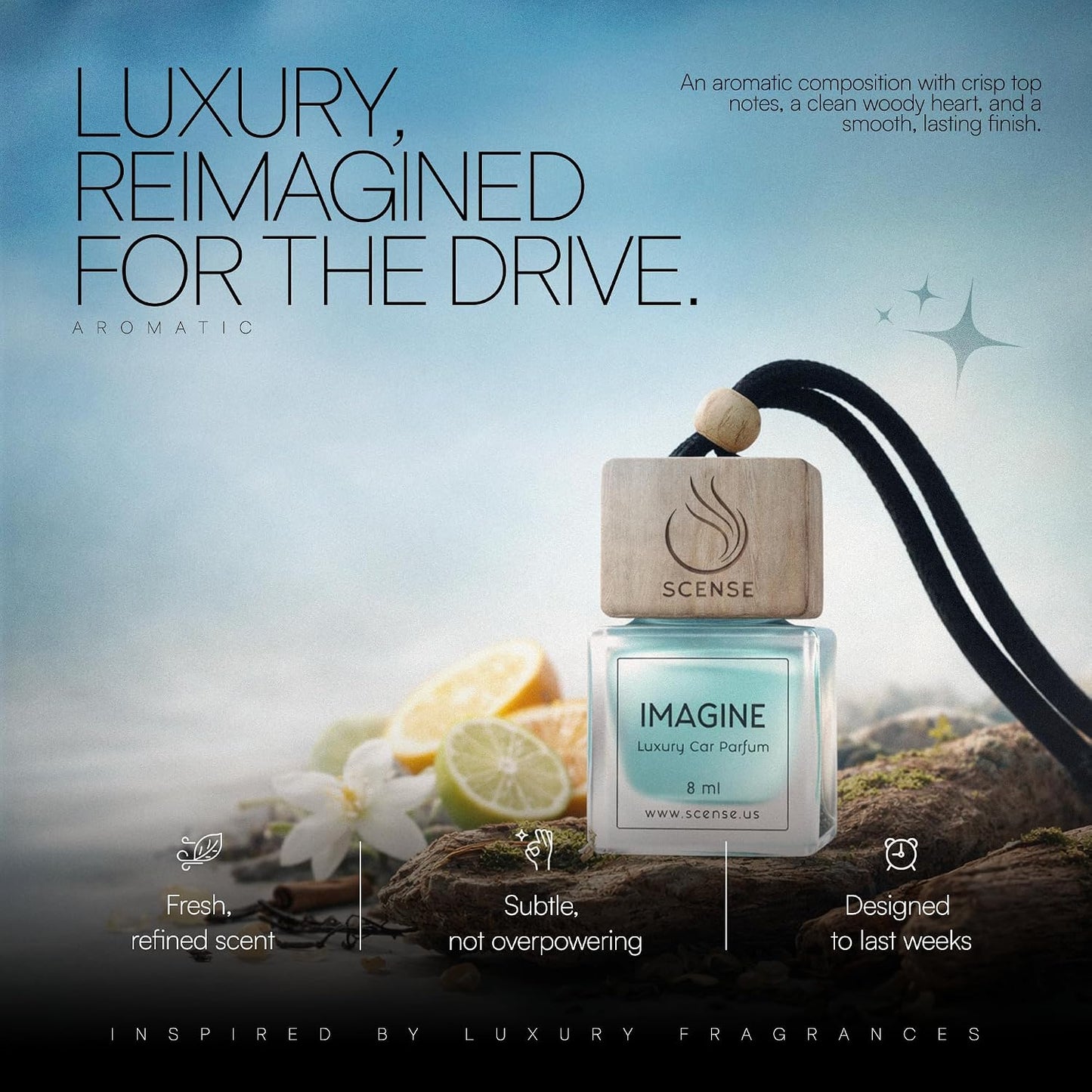 IMAGINE Luxury Car Air Freshener for Men | Perfume Style Car Fragrance Diffuser & Vent Clip | Odor Eliminator Fresh Car Smell Long Lasting Scent Refillable | Premium Car Scent by SCENSE