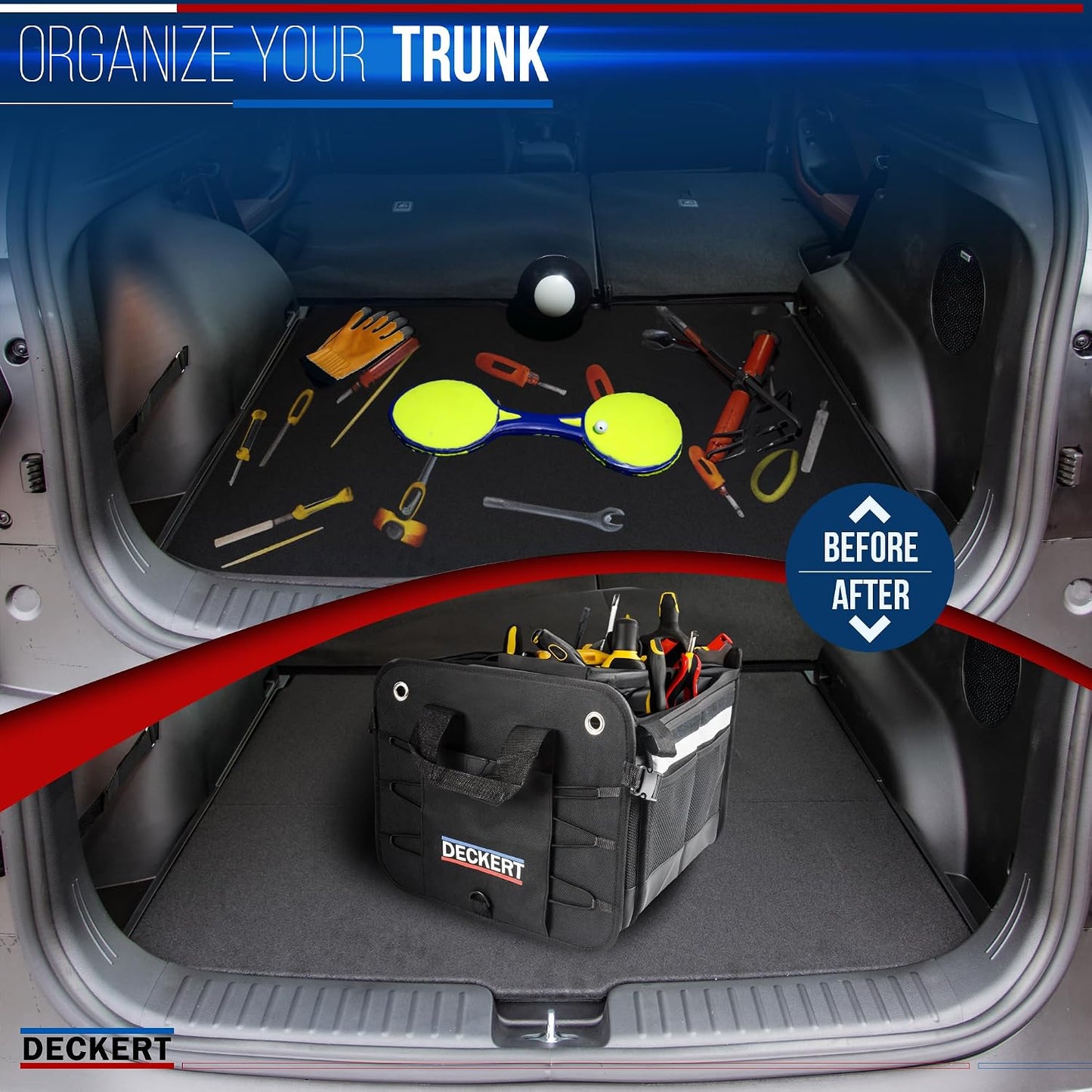 Deckert Large Size 61L Car SUV Trunk Organizer, 600D Oxford Polyester, Collapsible, Multi compartments, Securing straps, Suitable for any car type, Black with Reflective Stripes