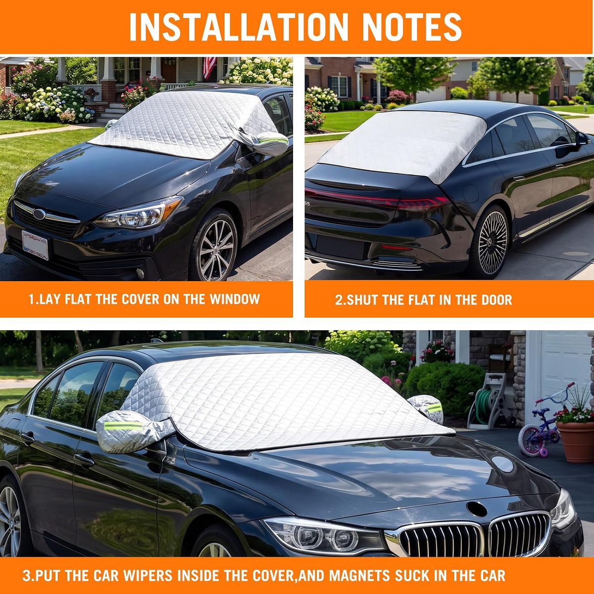 2 Piece Car Windshield Sunshade Set, Front & Rear Window Sun Shade with Magnetic Edges and Side Mirror Covers, Foldable Sun Visor, Blocks UV Rays and Keeps Car Cool(Unobstructed Rearview,Silver)