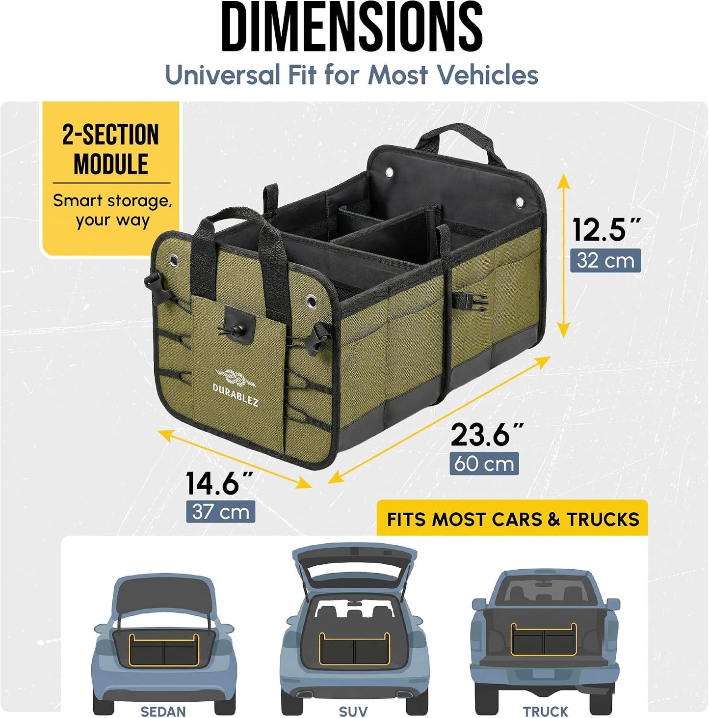 Heavy Duty Foldable Trunk Organizer 2-Section – Dual-Compartment Car Cargo Box with Non-Slip Pads & Removable Dividers – Green