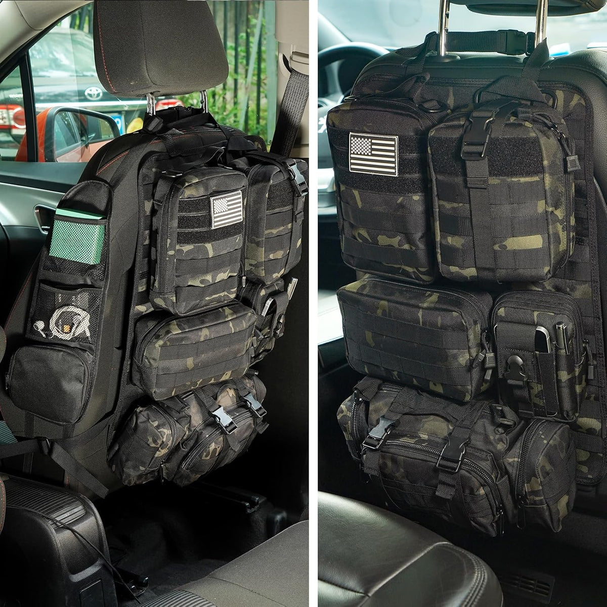 Tactical Car Seat Back Organizer,Tactical Molle Seat Back Organizer with 5 Detachable Molle Pouch,Velcro Label Can Be Removed,Universal Fits for Car Truck Jeep Vehicle