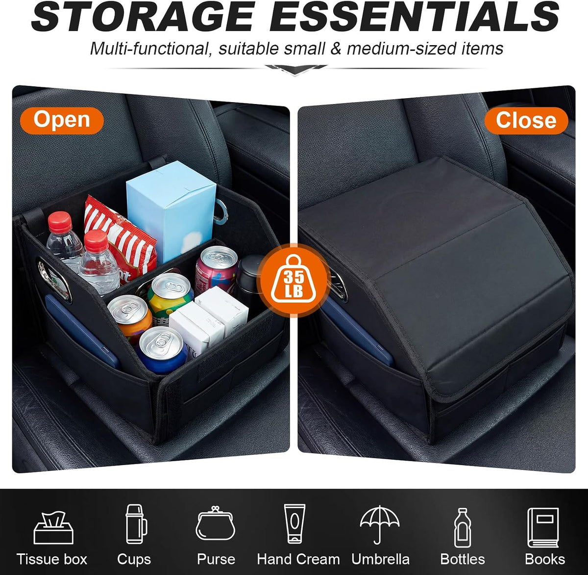 Car Storage Organizer with Box Lid, Leather Car Seat Organizer, Black