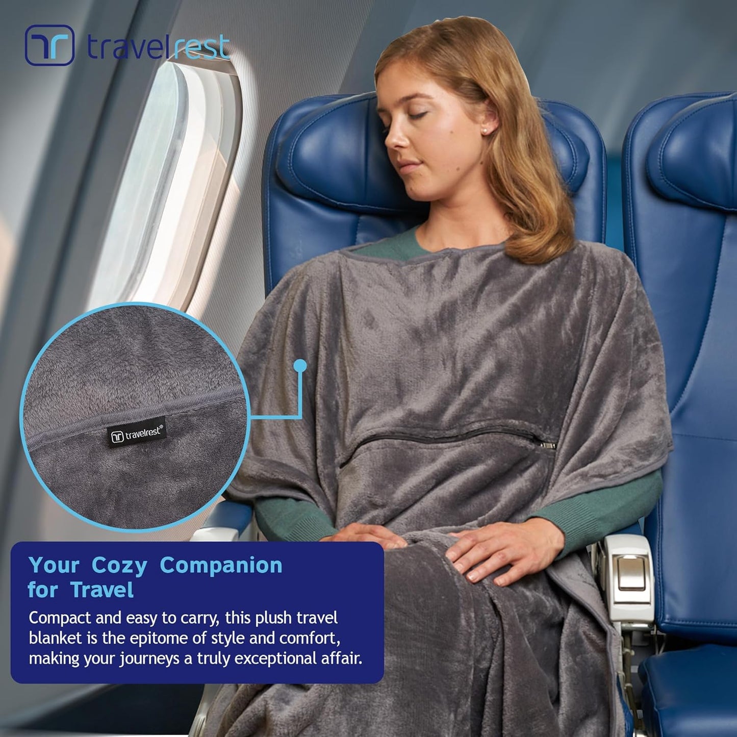 travelrest 4-in-1 Travel Blanket – Wearable Blanket, Pillow & Body Wrap, Lightweight, Compact & Cozy with Carry Case, Travel Friendly, Comfort, Ideal for Airplanes, Long Flights, Road Trips - Gray
