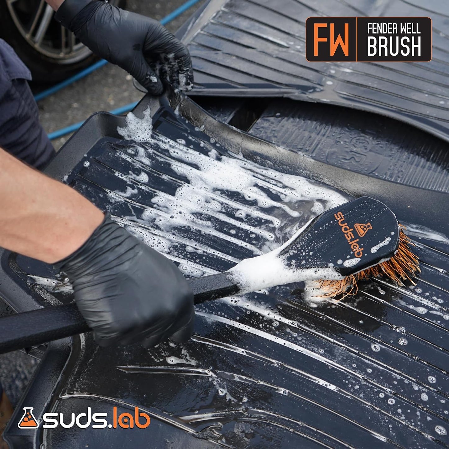 Suds Lab FW Fender Well Brush, Car Wash Brush, Long Handle Tire Cleaner for Car Detailing, 18 Inch, Soft Bristles, Non-Slip Grip, Black