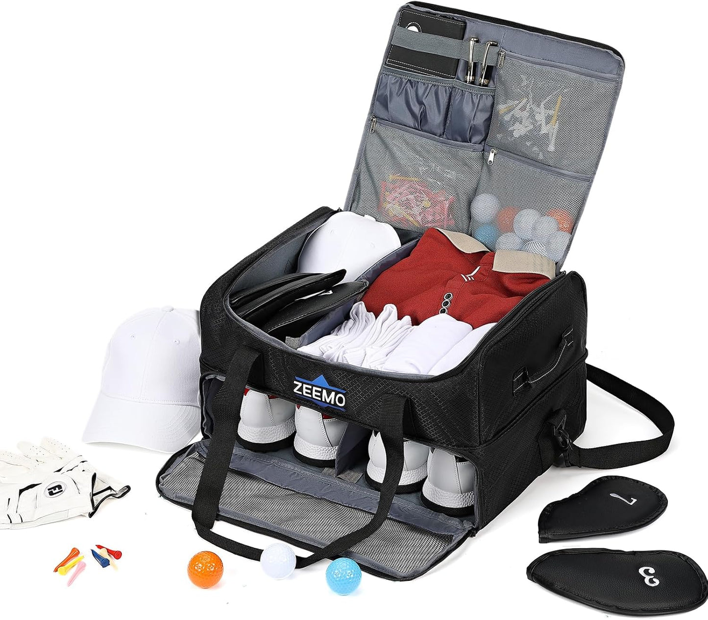 ZEEMO Golf Trunk Organizer, 2 Layer Car Locker with Ventilated Compartment for 2 Pair Shoes, Travel Storage Bag for Accessories, Black