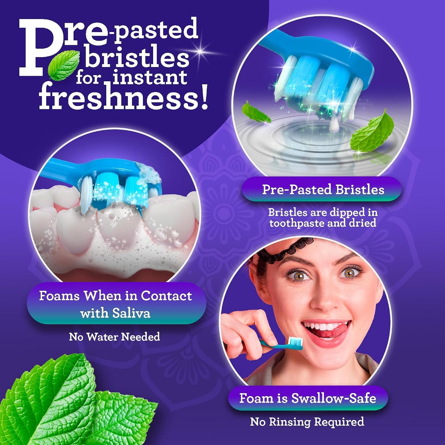 GuruNanda Mini Disposable Toothbrushes with Toothpaste & Toothpick, Prepasted Ready-to-Go Travel Toothbrush with Butter on Gums Bristles - Fluoride Free, No Rinsing, Individually Wrapped, 70 Ct