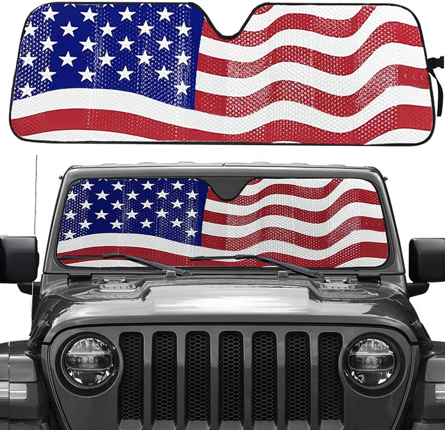 Windshield Sun Shade for 2007-2023 Wrangler Rubicon Sahara TJ JK JKU 2 & 4 Door-Blocks UV Rays Sun Visor Protector,Car Sun Shade Keep Your Vehicle Cool,American Flag Car Sun Shade