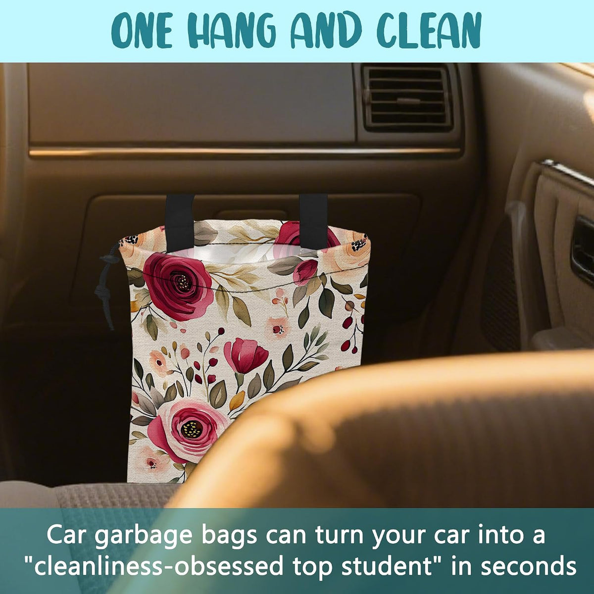 Car Garbage Bag Vintage Red and Pink Floral Hanging Canvas Car Trash Bag Drawstring Car Back Seat Organizer for Car Back Front Seat Console with Adjustable Buckle